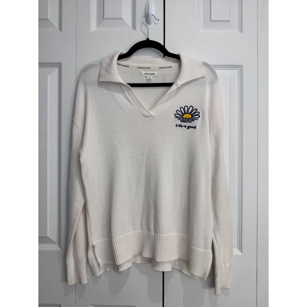 Life‎ is Good Sweater Women's Medium White Pullover V-Neck Collared Long Sleeve